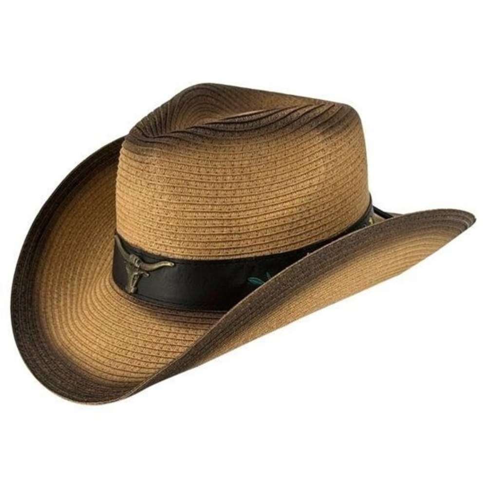 Two Tone Western Paper Straw Cowboy Hat Steer Head Band NWT - Picture 5 of 7
